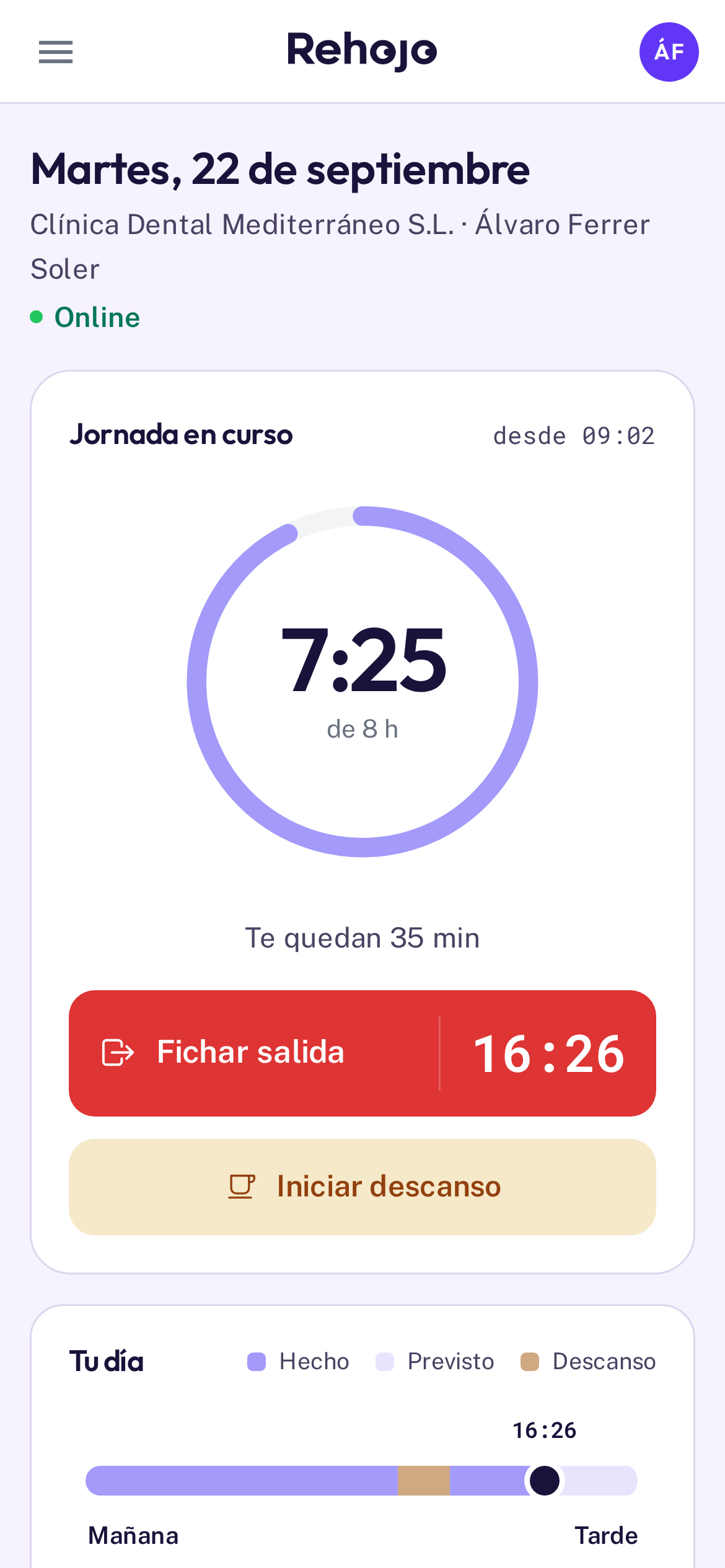 Pantalla de fichaje de Rehojo en la app móvil, con la jornada en curso (datos de ejemplo)