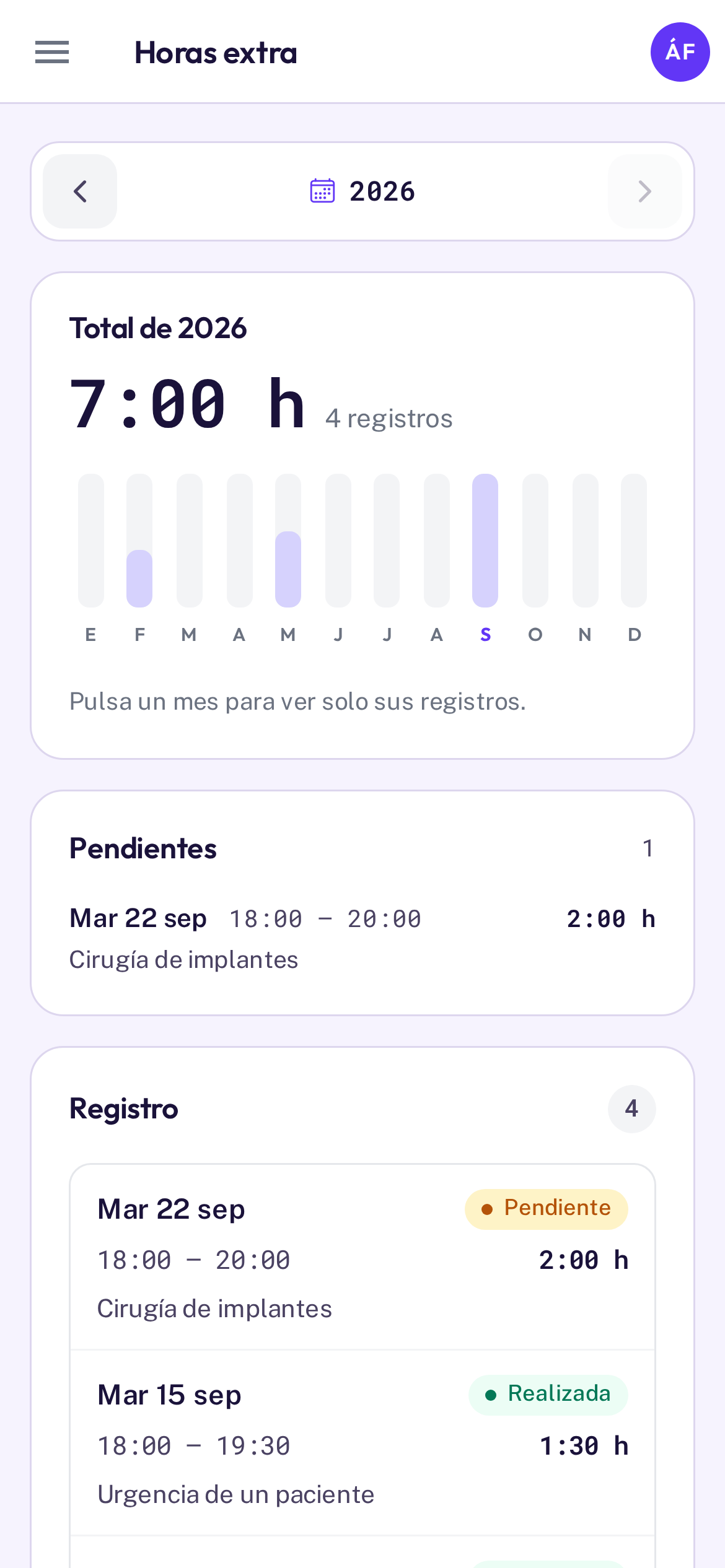Listado de horas extra en la app de Rehojo, con las ya realizadas y las pendientes de compensar (datos de ejemplo)