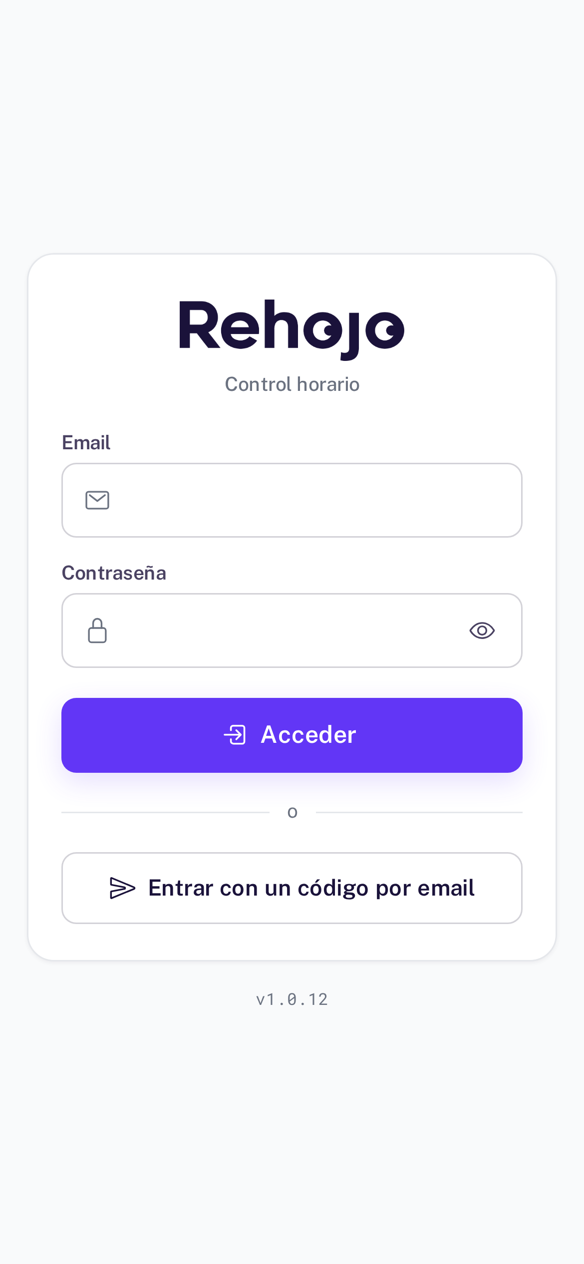 Pantalla de acceso a la app de Rehojo con email y contraseña, y el enlace para iniciar sesión con código en su lugar (datos de ejemplo)