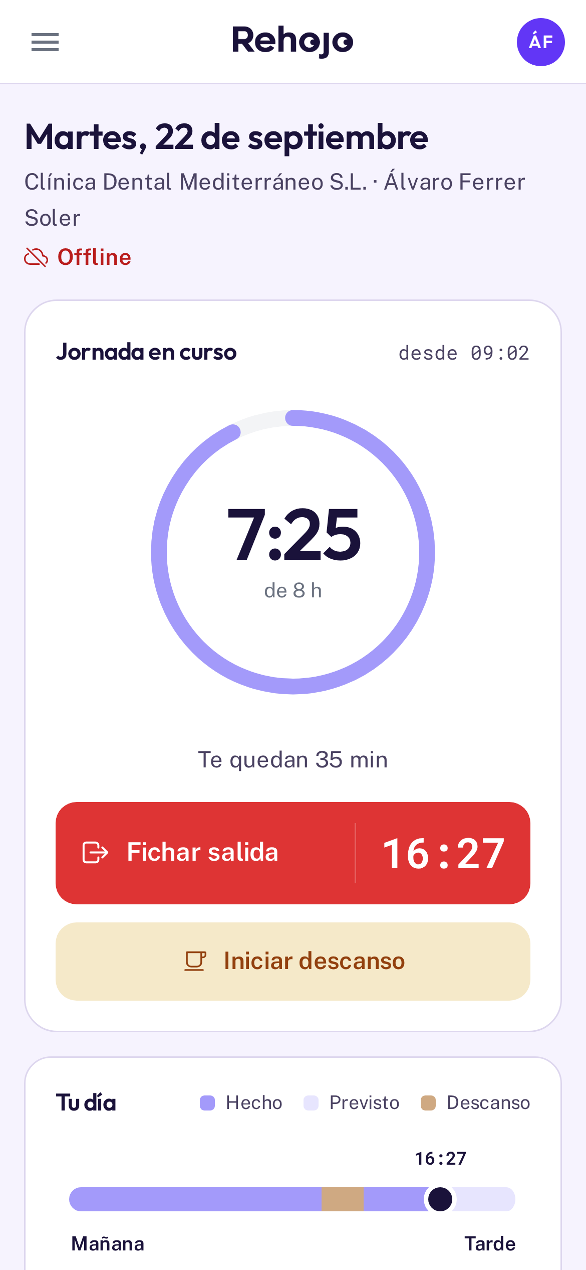 Pantalla de fichaje de Rehojo en modo sin conexión: la jornada sigue registrándose (datos de ejemplo)