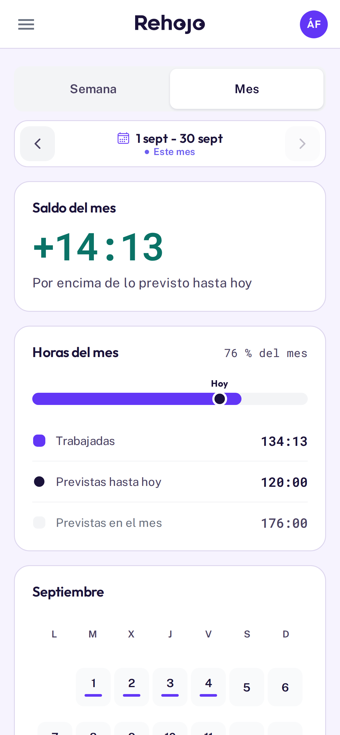 Resumen mensual de horas en la app de Rehojo: saldo del mes, horas trabajadas frente a las previstas y calendario del mes (datos de ejemplo)
