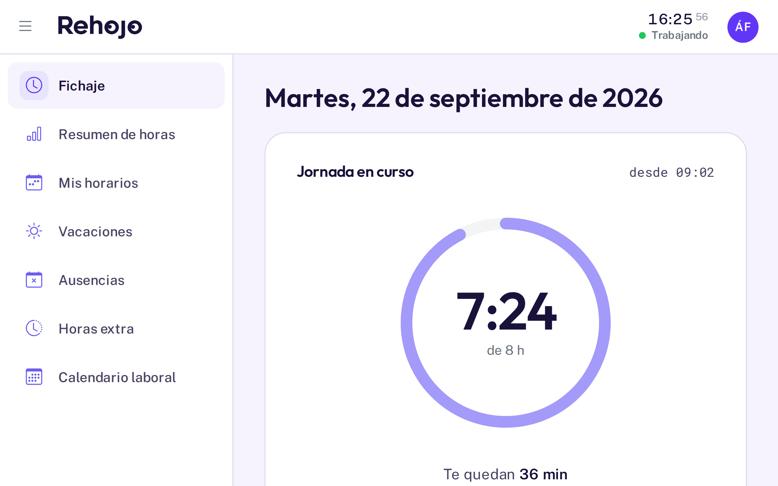 Pantalla de fichaje de Rehojo abierta en el navegador, con la jornada en curso (datos de ejemplo)