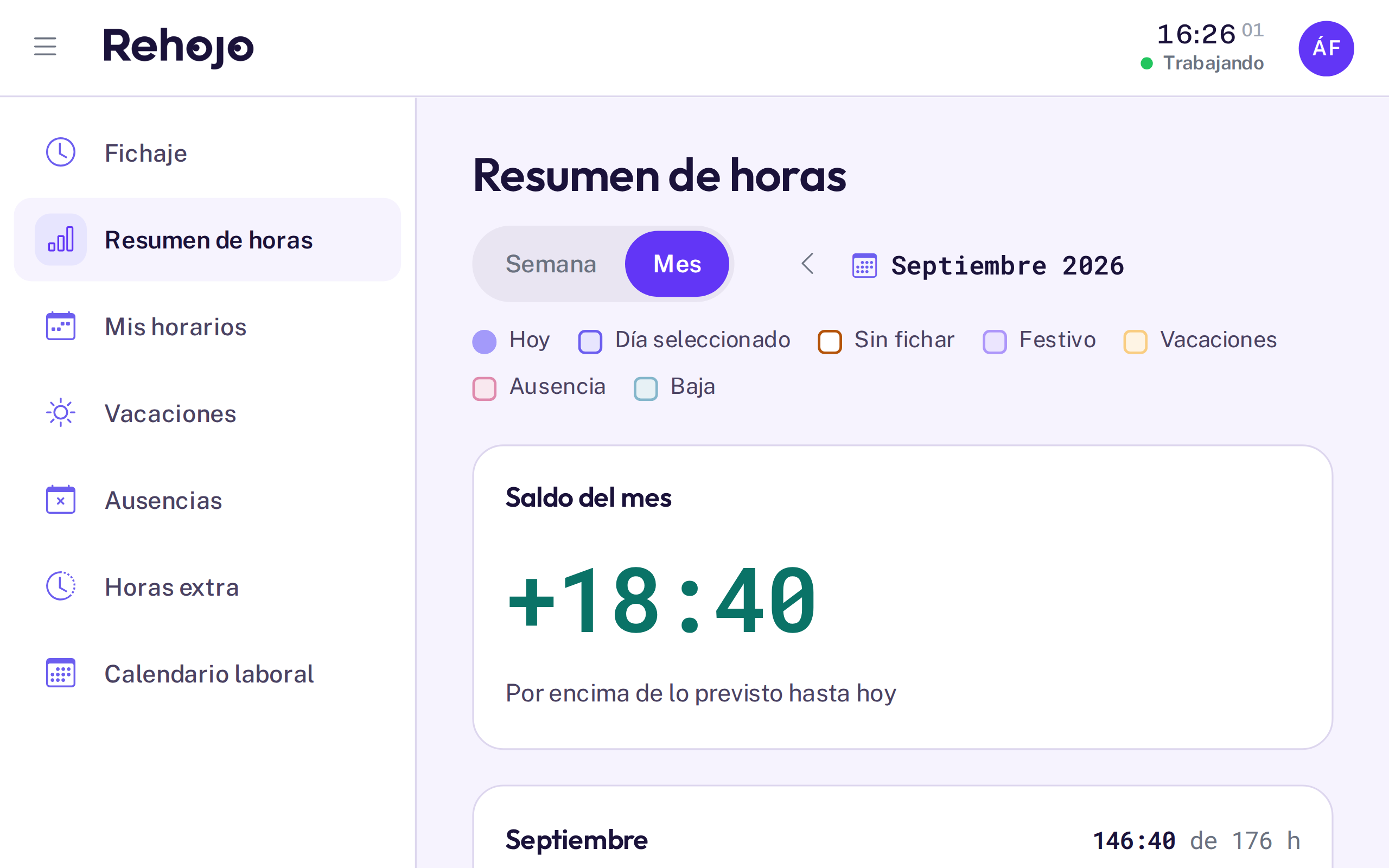 Resumen mensual de horas de Rehojo en el navegador, con el saldo del mes en verde y el calendario del mes debajo (datos de ejemplo)